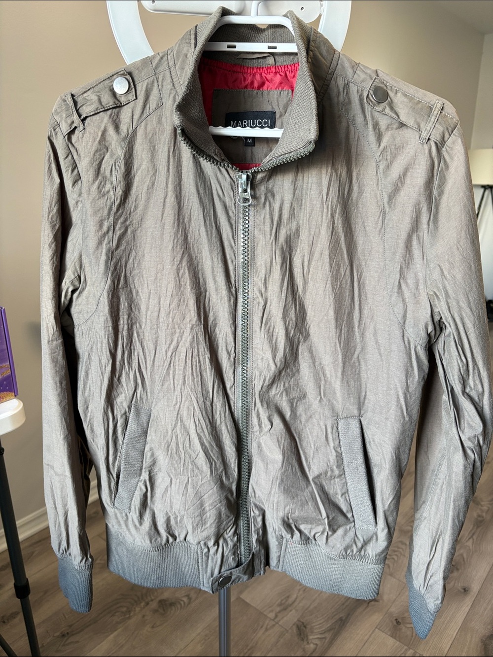 Men's Taupe Bomber Jacket with Zip Closure